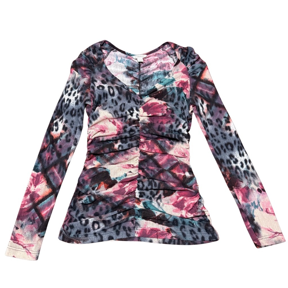 Ruched Long Sleeve Floral & Leopard Print Top - Pink, Blue, Multi